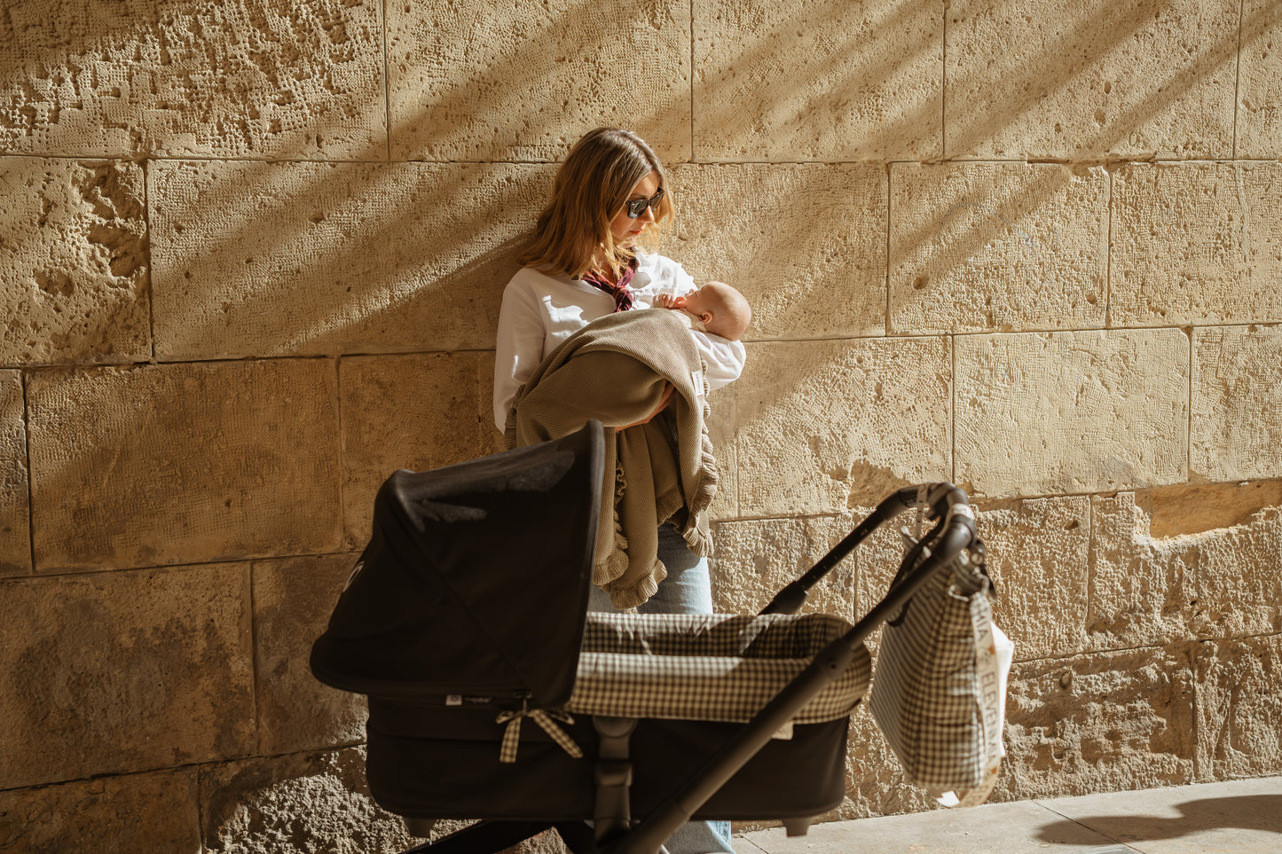 Vestidura Cochecito Vichy Militar + Gasa Cruda Reversible