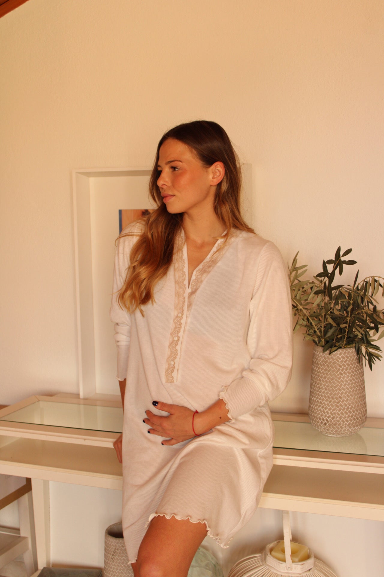 Camisón Tablilla Manga Larga Canalé Blanco