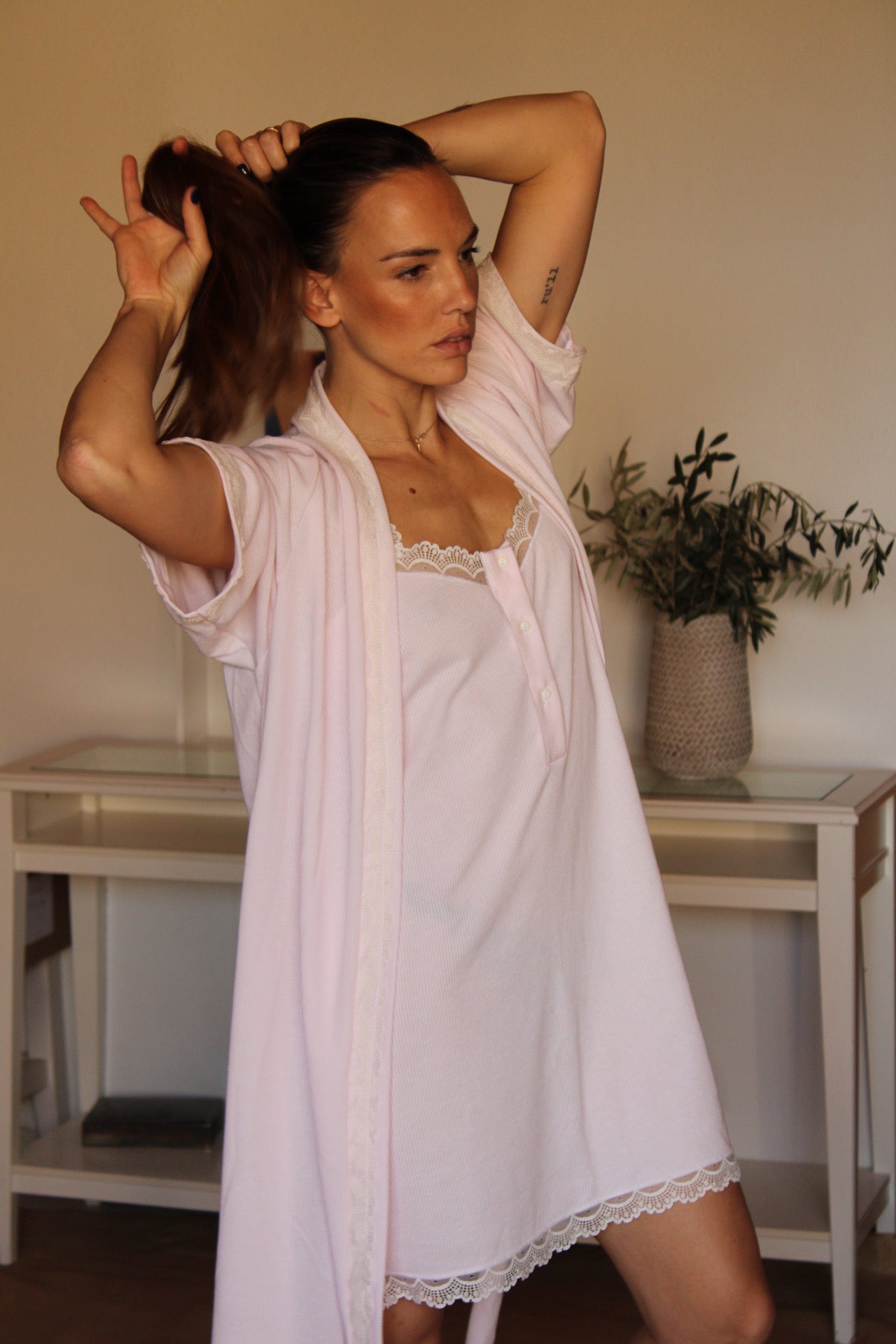 Camisón Maternity Tirante Blonda Canalé Rosa