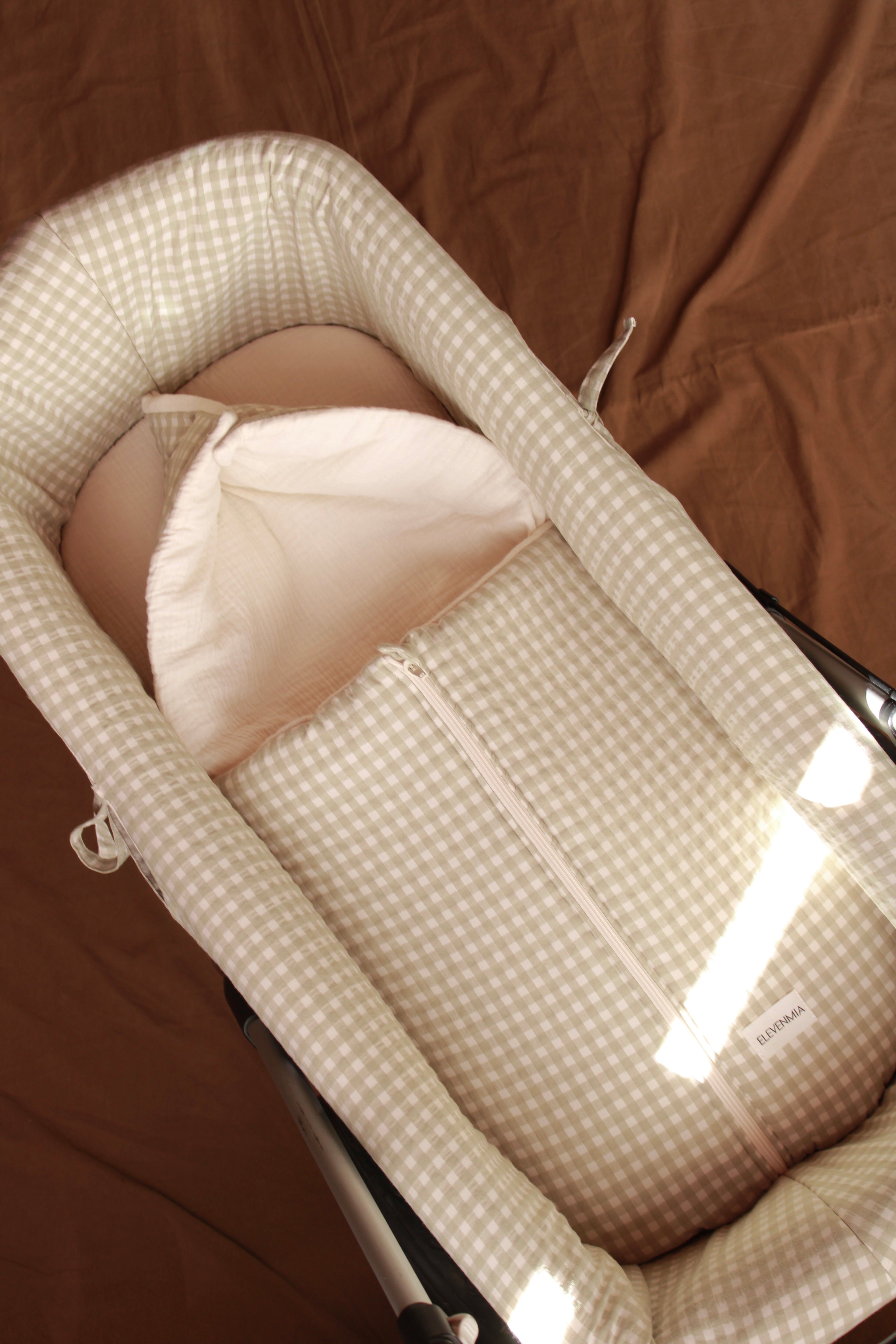 Vestidura Cochecito Vichy Matcha + Gasa Cruda Reversible