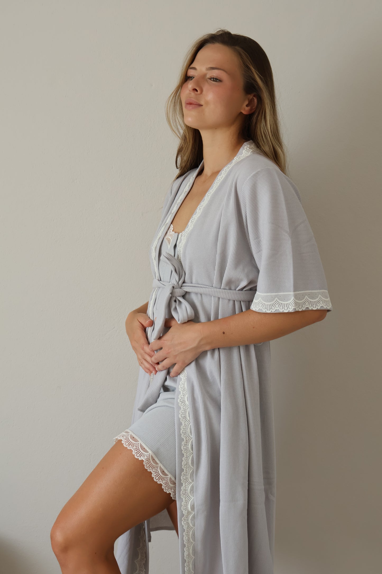 Grey Short-Sleeve Canalé Robe