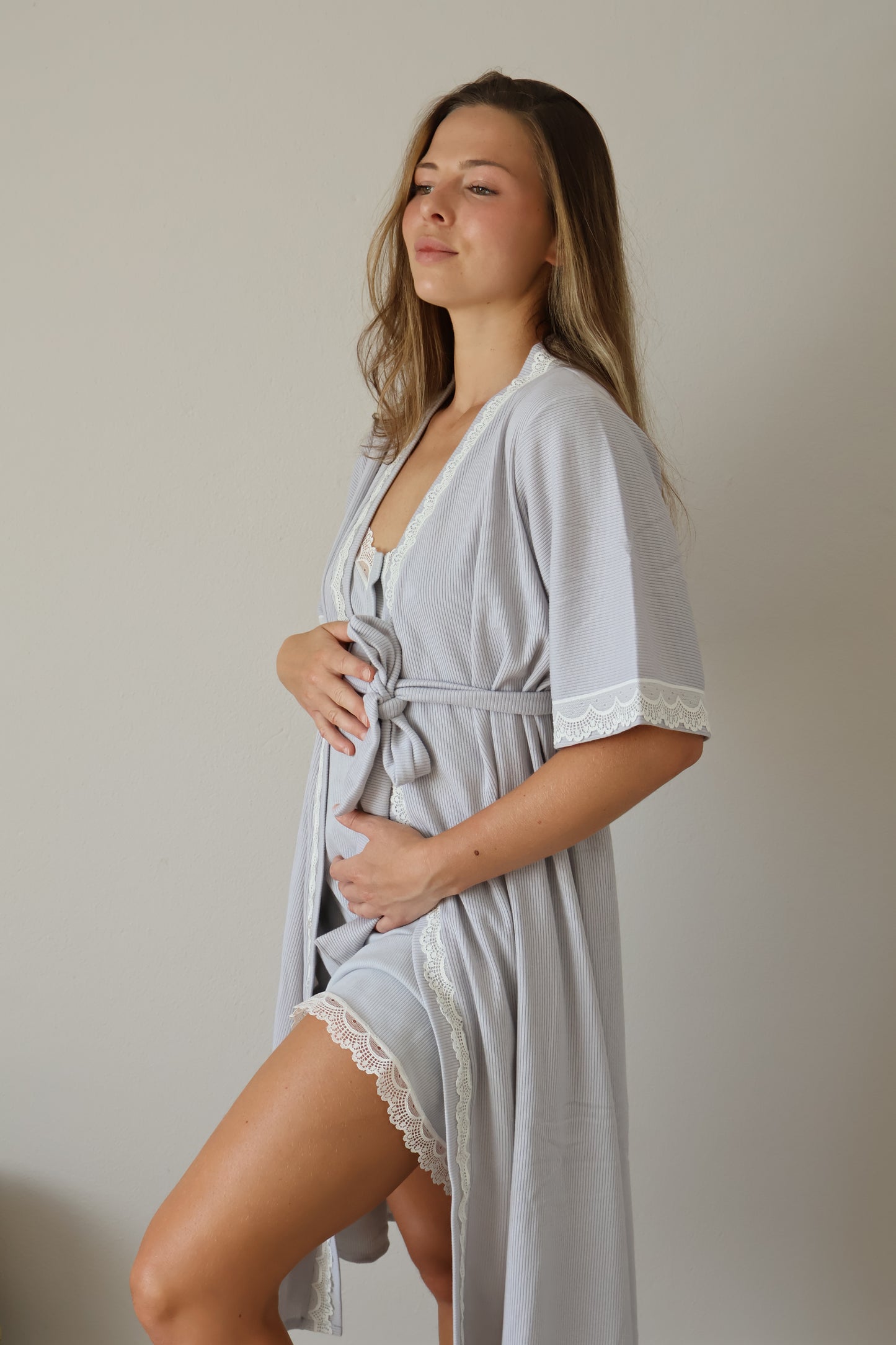 Grey Short-Sleeve Canalé Robe