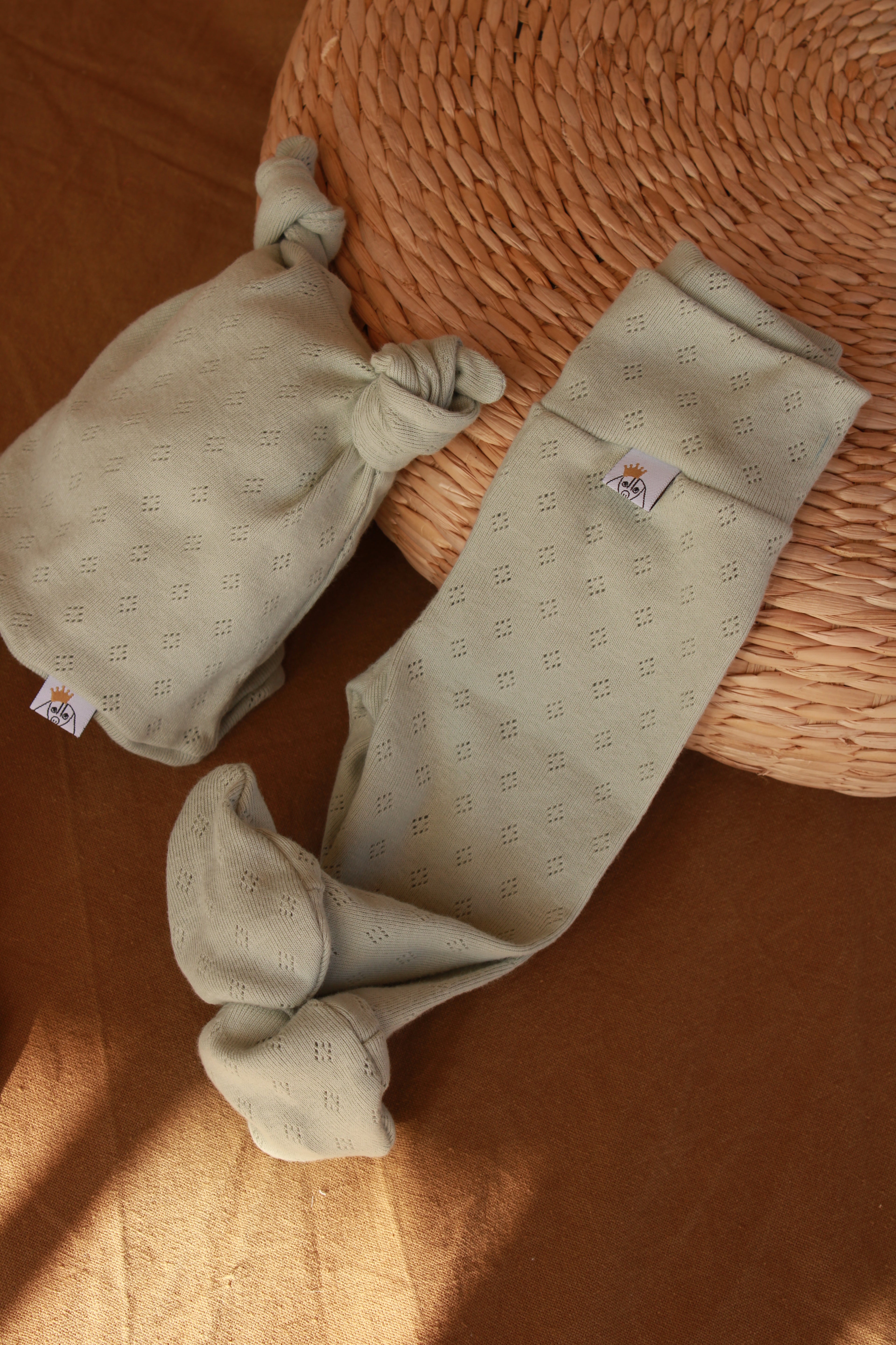 Ensemble tricot ajouré vert aqua Body + Leggings + Bonnet à nœud