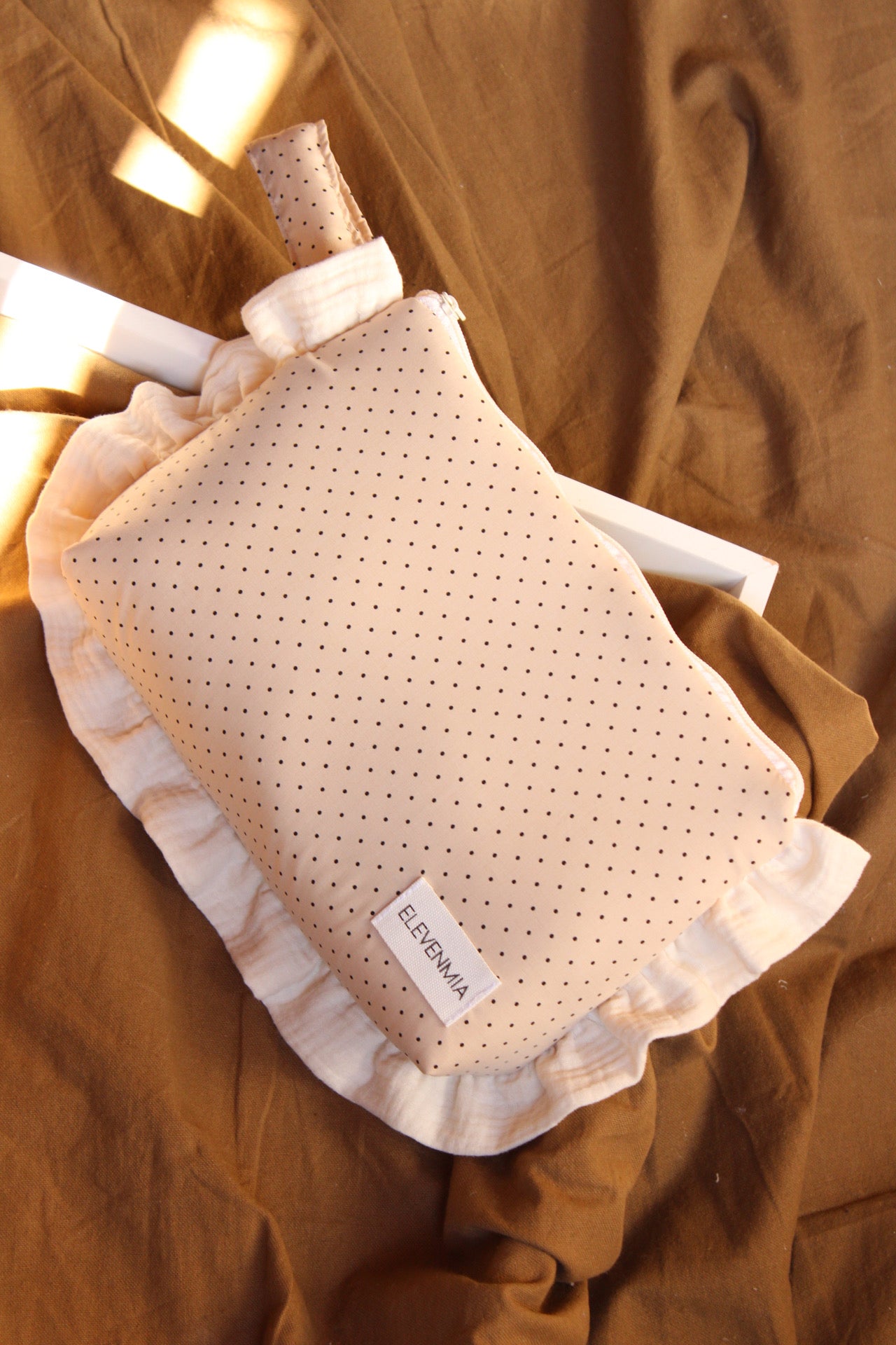  Ruffled Dotty + Beige Muslin Toiletry Bag