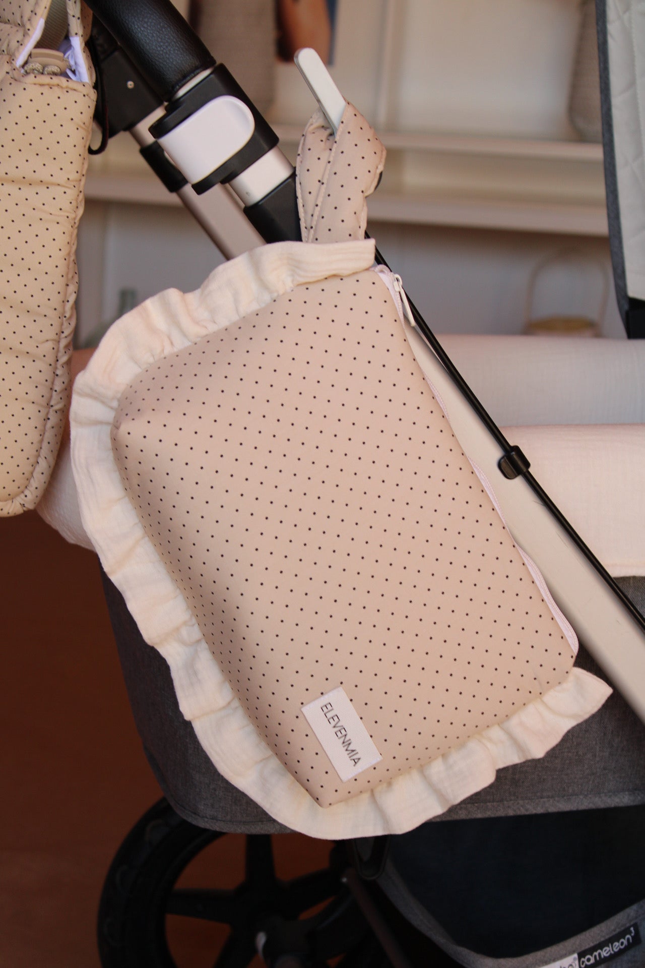  Ruffled Dotty + Beige Muslin Toiletry Bag