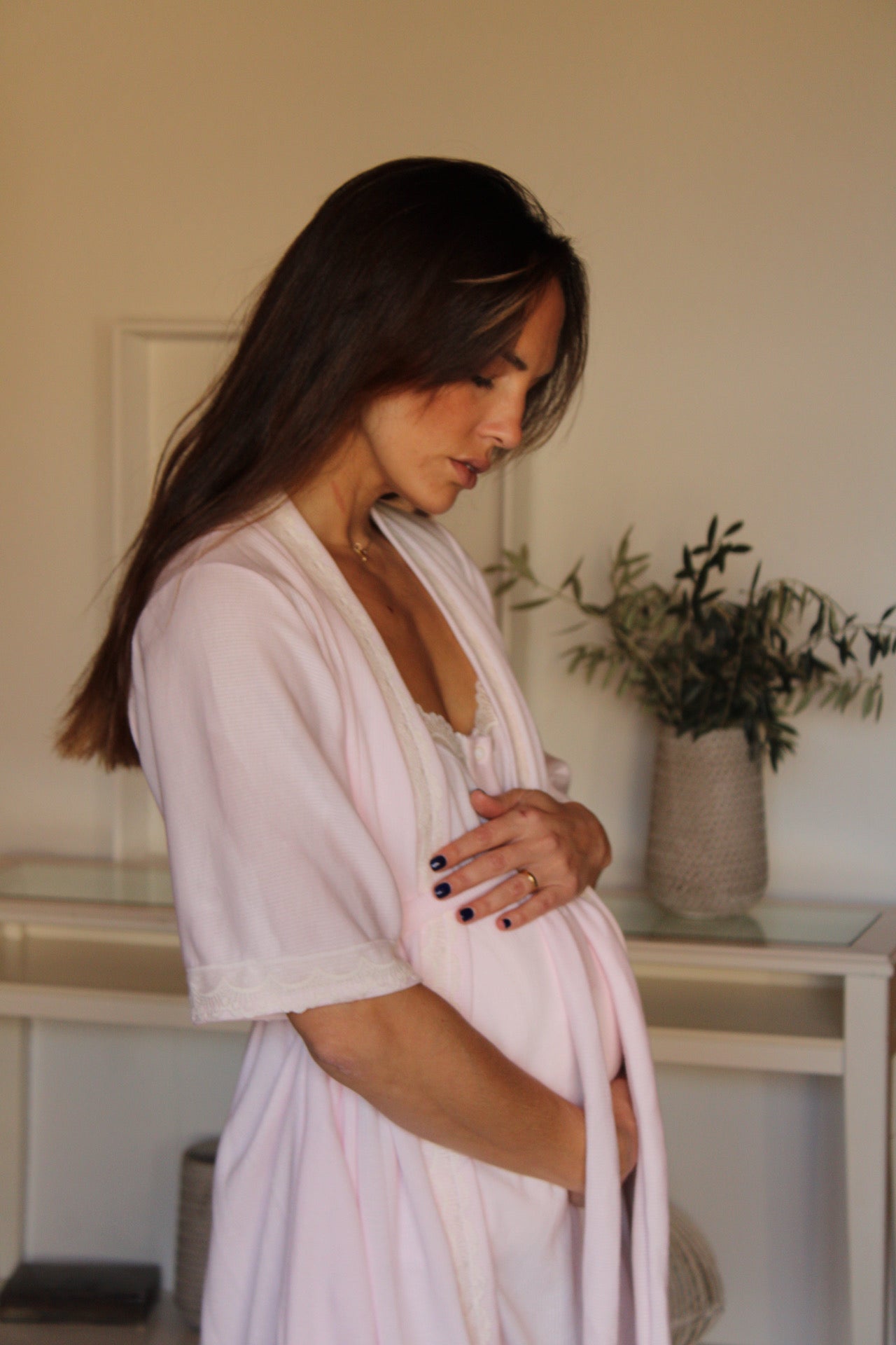 Pink Canalé Maternity Nightgown Beige Lace 