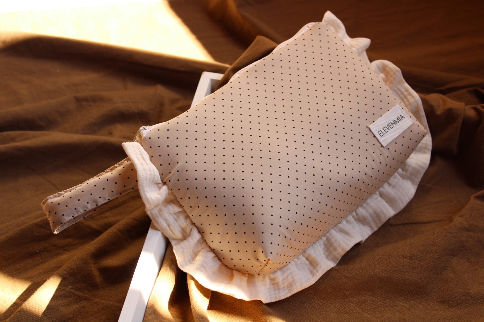  Ruffled Dotty + Beige Muslin Toiletry Bag